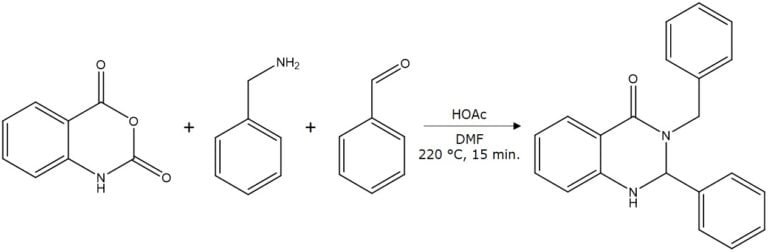 The microwave reaction of isatoic anhydride, benzyl amine, benzaldehyde, and acetic acid is designed to yield the product 3-benzyl-2-phenyl-2,3-dihydro-4(1H)-quinazolinone.