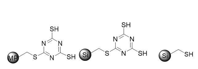 structures of solid-bound scavenger media. Left – Biotage® MP-TMT. Middle – ISOLUTE® Si-TMT, Right – ISOLUTE ® Si-Thiol.