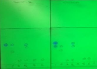 Fraction purity analysis using TLC. Left - SCX-scavenged sample. The product is found in fraction 1 and is pure by TLC. Right - Silica sorbent, though acidic, does not scavenge any basic by-products.