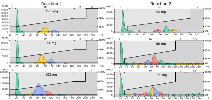 biotage-ui468-figure3-scale-up-chromatograms-reaction-1-reaction-2-show-decreasing-resolution-with-increasing-load