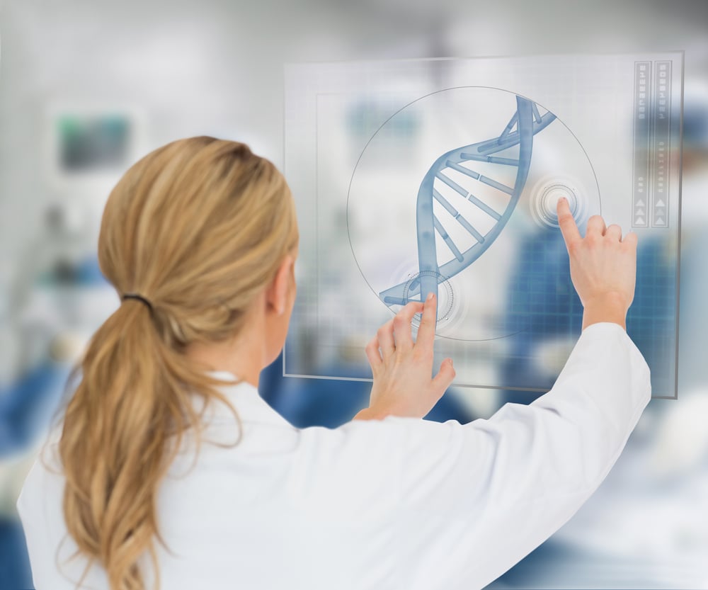 Woman using DNA helix interface hologram